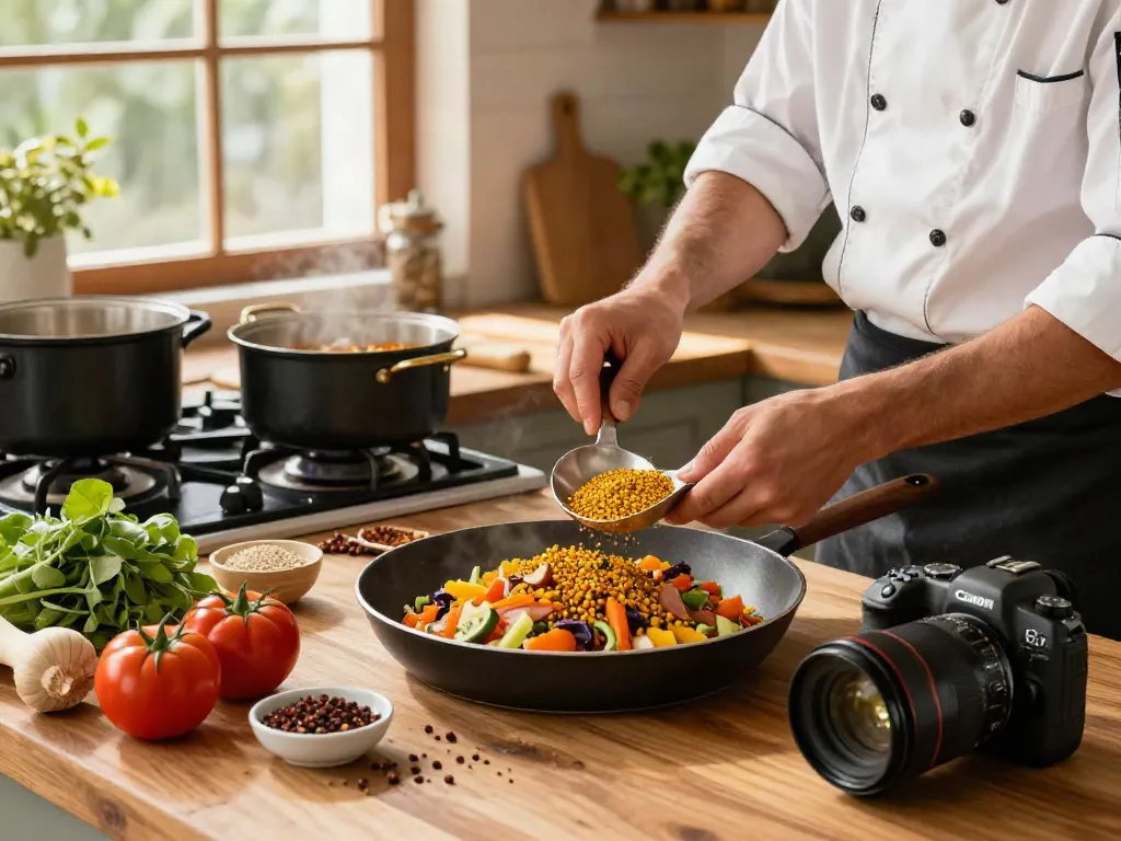 Memasak dengan annatto sebagai pewarna alami di dapur yang cerah dan nyaman.