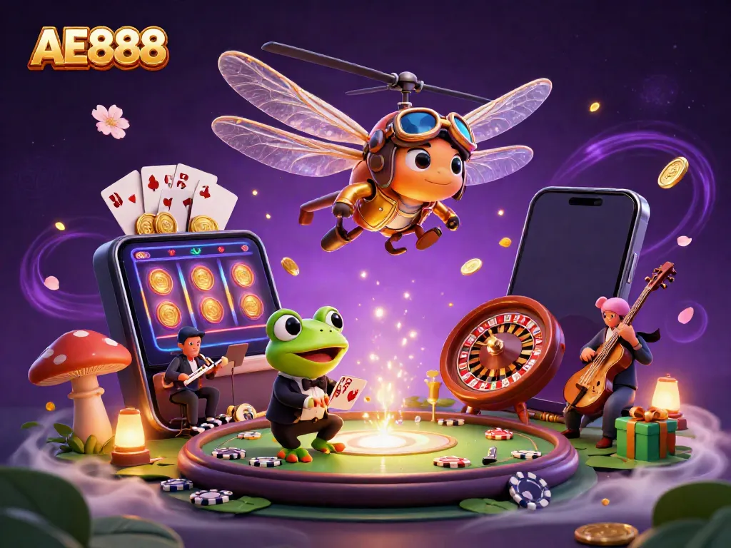 Experience the thrilling world of AE888 gaming with a fantasy casino scene featuring a dragonfly pilot and frog dealer.