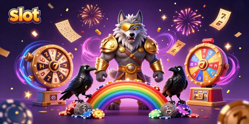 Experience thrilling slot action with colorful reels and symbols in a vibrant casino scene
