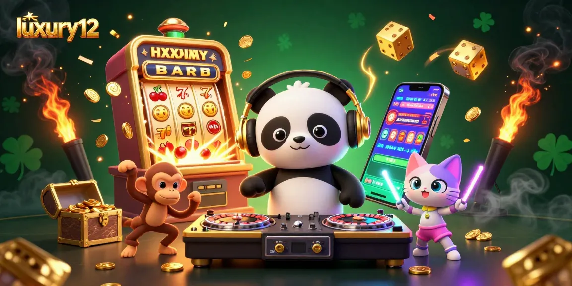 Experience luxury12 with a lively 3D illustration of a DJ panda, breakdancing monkey, and rave kitten amidst casino visuals.