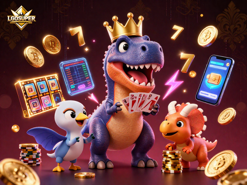 Win big with LGOSUPER as a friendly T-Rex shuffles cards at a vibrant slot game.