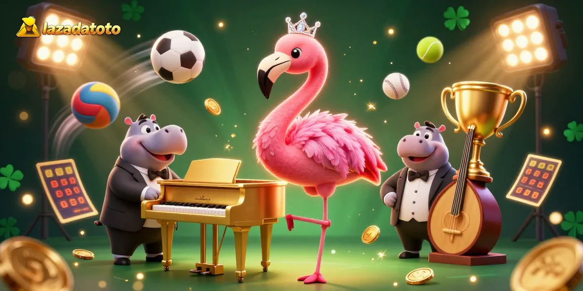 Lazadatoto features a vibrant casino scene with a flamingo singer and hippo bassist, enhancing the betting experience.