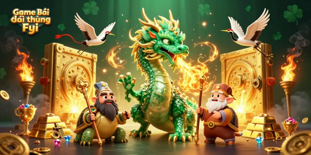 Experience thrilling gameplay with Game Bài Đổi Thưởng Fyi as a jade dragon and lucky crane characters soar through gold and gems.