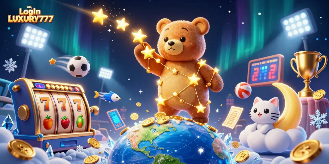 Login LUXURY777 meraih koin emas dari slot dengan karakter beruang bintang yang dinamis.