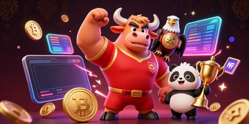 Experience thrilling victories at Nohu90 with a dynamic scene featuring a bull mascot, eagle champion, and a playful panda.