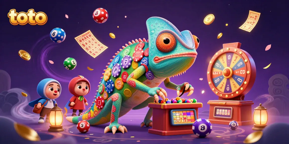 Engage with toto's vibrant world, featuring colorful lottery elements and an enormous chameleon casino owner.
