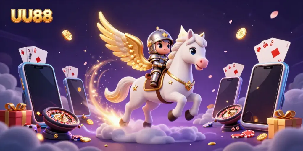 Spin to win with UU88! Enjoy vibrant 3D illustration of gaming excitement in a magical casino setting.