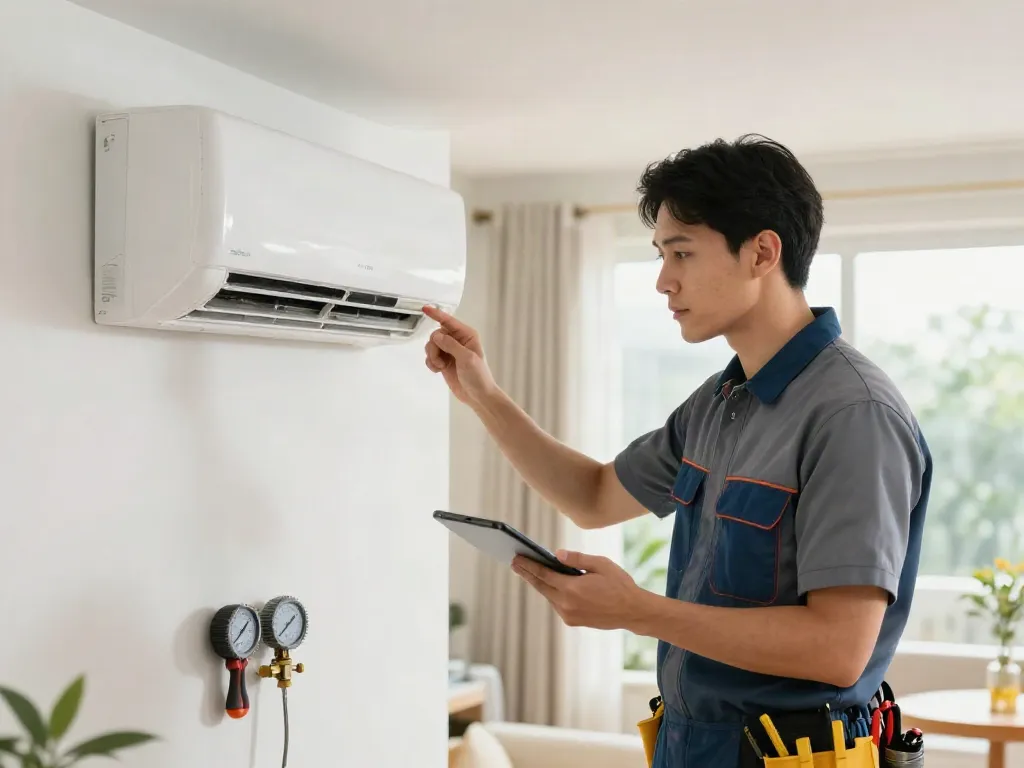 Teknisi di rumah modern memperbaiki AC dewitogel dengan alat yang tepat dan tablet digital.