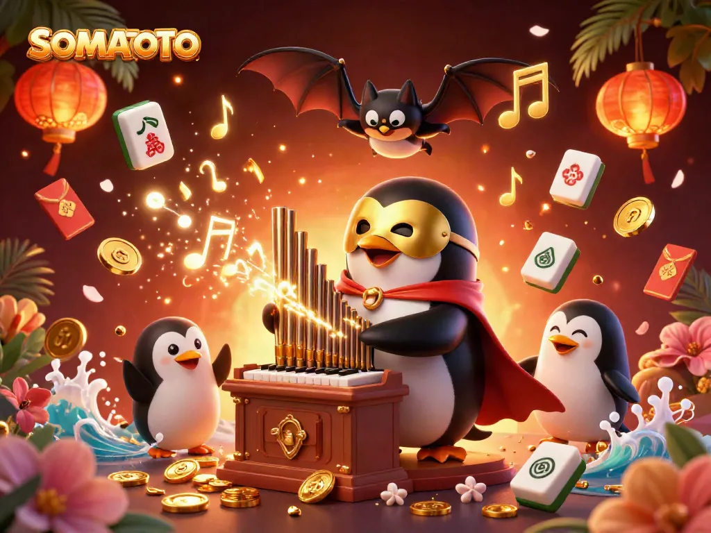 Experience the thrilling SOMATOTO casino with a penguin organist and dynamic gaming symbols.