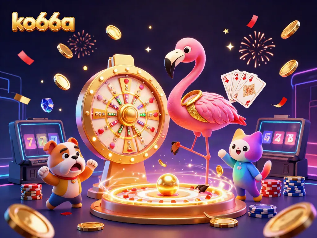 Experience thrilling gaming action at ko66a as a flamingo host spins a golden prize wheel surrounded by excitement.