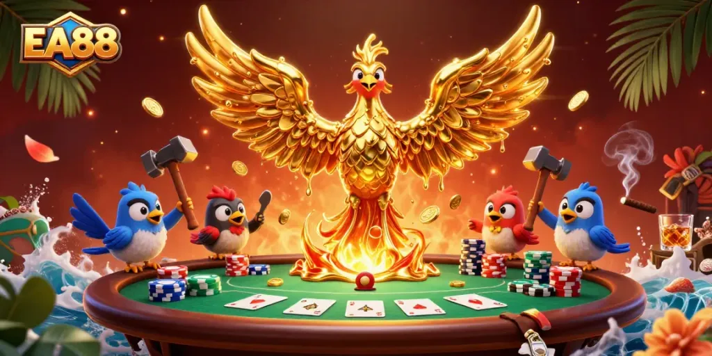 Join the excitement at EA88 with a lively poker scene featuring a molten gold phoenix and festive gaming elements.