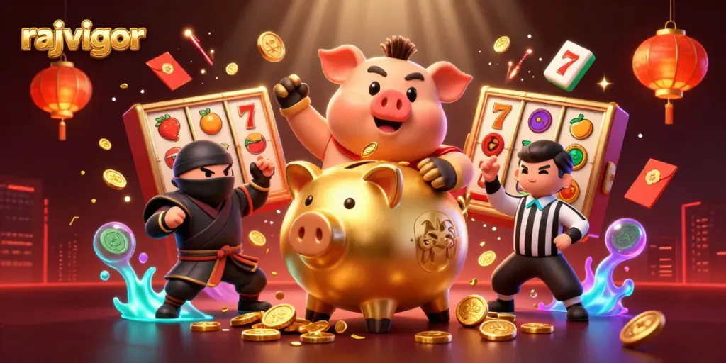 Engage with rajavigor's exciting slot gaming scene featuring a dynamic golden piggy bank and vibrant casino elements.