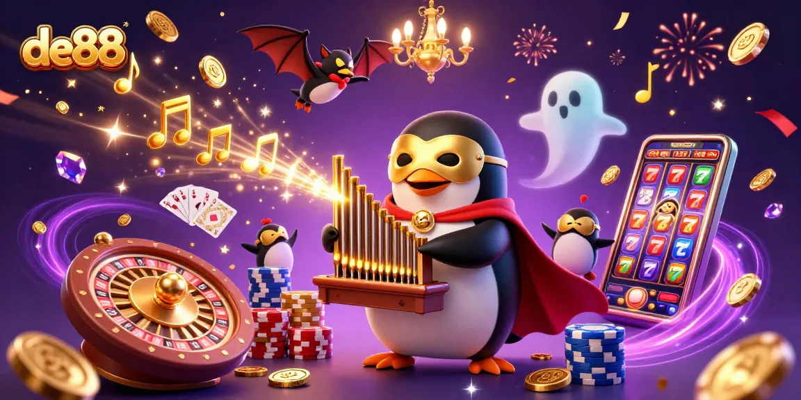 Play slots with de88 in an enchanted scene of gold coins, roulette wheels, and vibrant gaming elements.