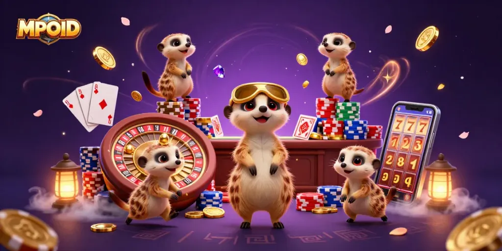 MPOID meerkats operate a vibrant casino, showcasing games, coins, and excitement in a captivating 3D scene.