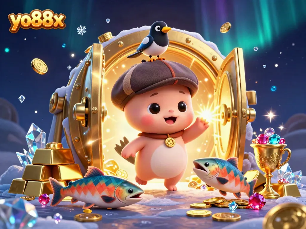 Engaging scene featuring yo88x with adorable Nessie and golden treasures, ideal for gamblers.