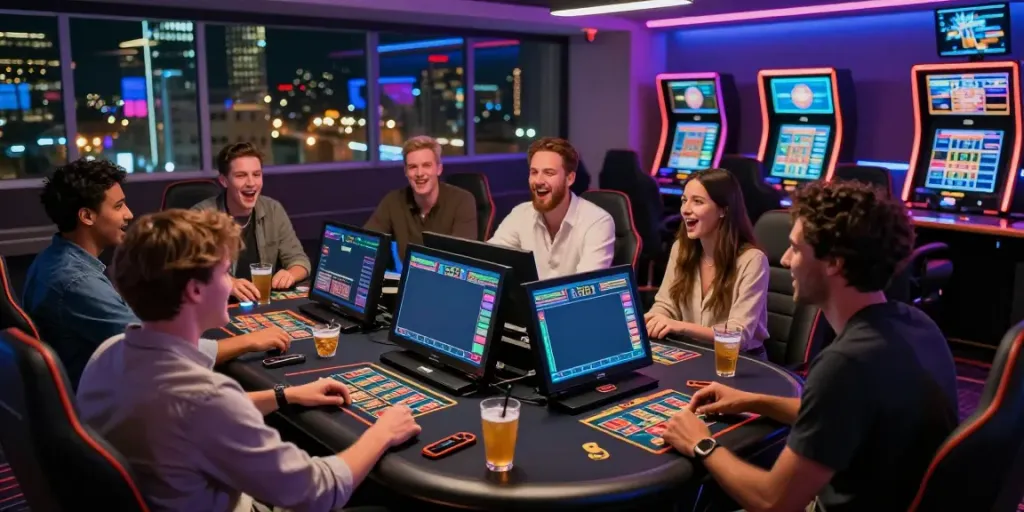 Ratutogel - suasana bermain togel dalam grup yang ceria di lounge modern.