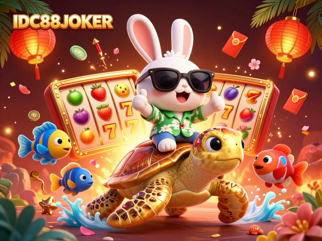 Experience thrilling wins with IDC88JOKER's vibrant slot reels and playful characters in a dynamic scene.
