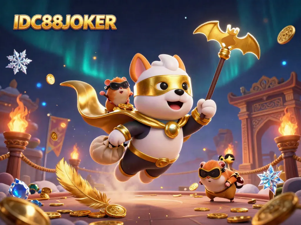 Engage with IDC88JOKER's vibrant gaming atmosphere featuring a superhero dog and gold coins.