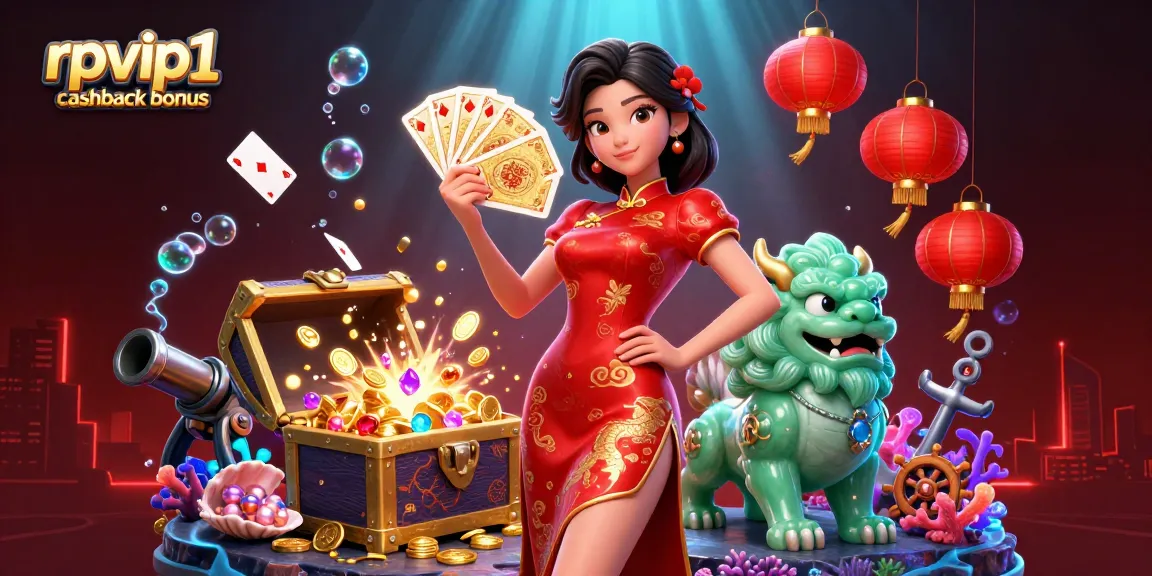 Experience the rpvip1 cashback bonus in a vibrant 3D casino scene filled with dynamic elements.