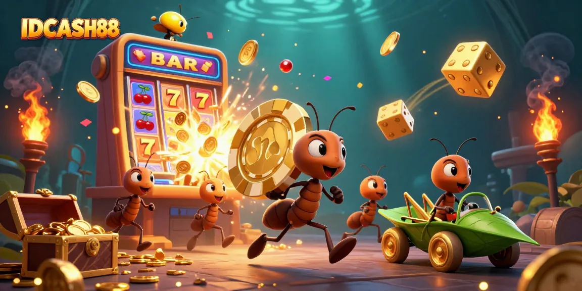 Engaging illustration of ants executing a heist for a giant golden poker chip in a tunnel, embodying the excitement of IDCASH88 gaming.