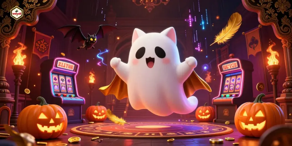 Experience the thrill of gambling at wdyuk with a friendly ghost cat in a vibrant casino scene.