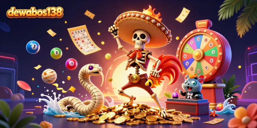 Menangkan permainan slot di dewabos138 dengan ilustrasi kasino penuh warna dan karakter menarik.