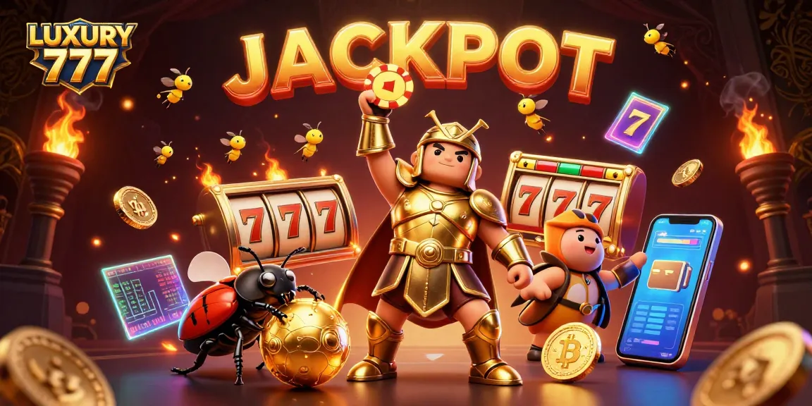 Menghidupkan LUXURY 777 dengan permainan slot beruntung, simbol jackpot, dan karakter unik dengan latar belakang yang glamor.