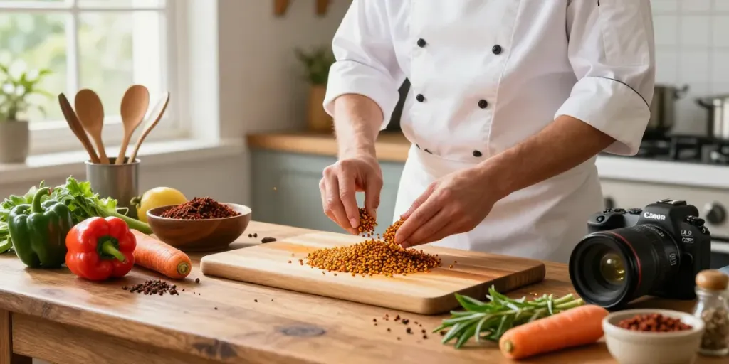 Proses memasak dengan annatto dan bahan segar di dapur yang cerah.