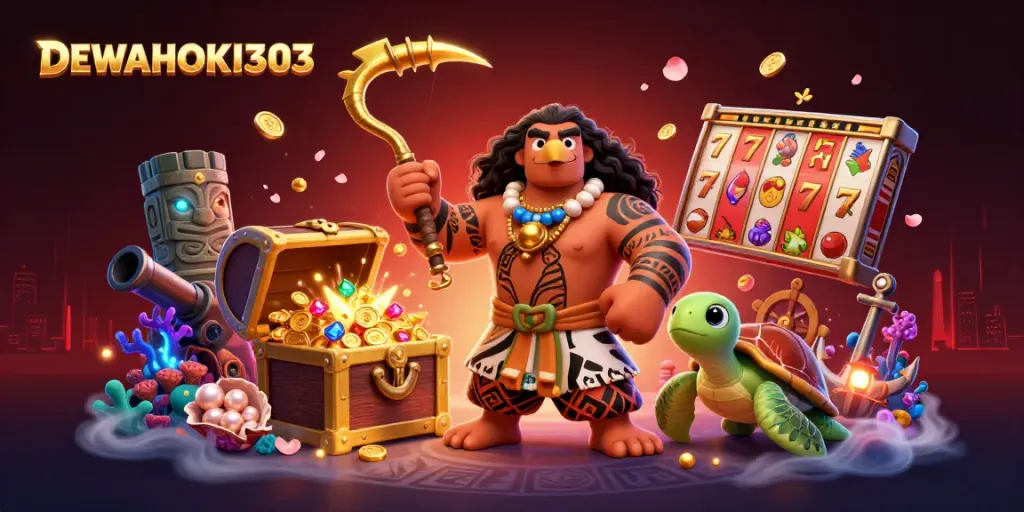 DEWAHOKI303 terlibat dalam permainan slot menarik dengan koin emas dan harta karun di sekelilingnya.
