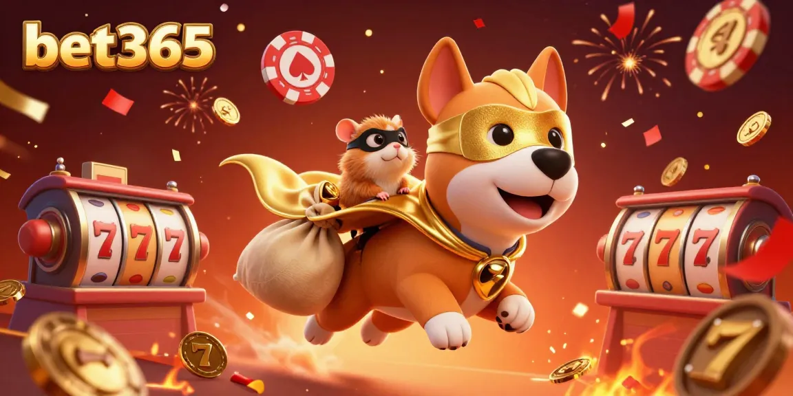 Experience bet365 excitement with a superhero dog flying over a vibrant casino scene filled with gold coins and more.