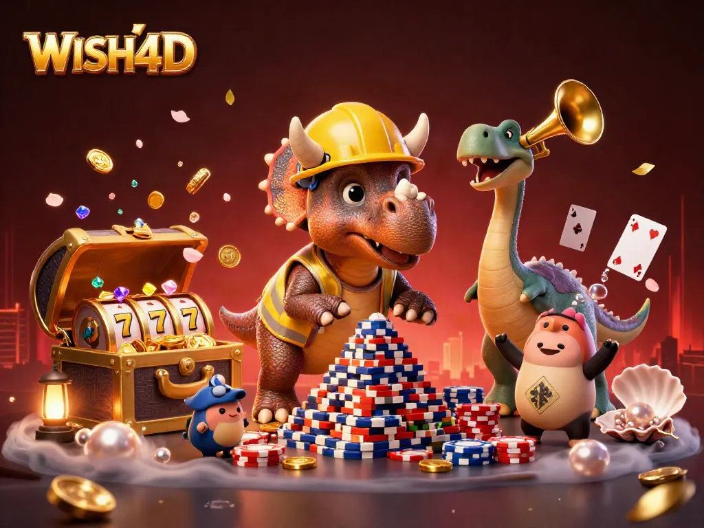 WISH4D offers lively casino action with a triceratops celebrating wins amid poker chips and slot reels.