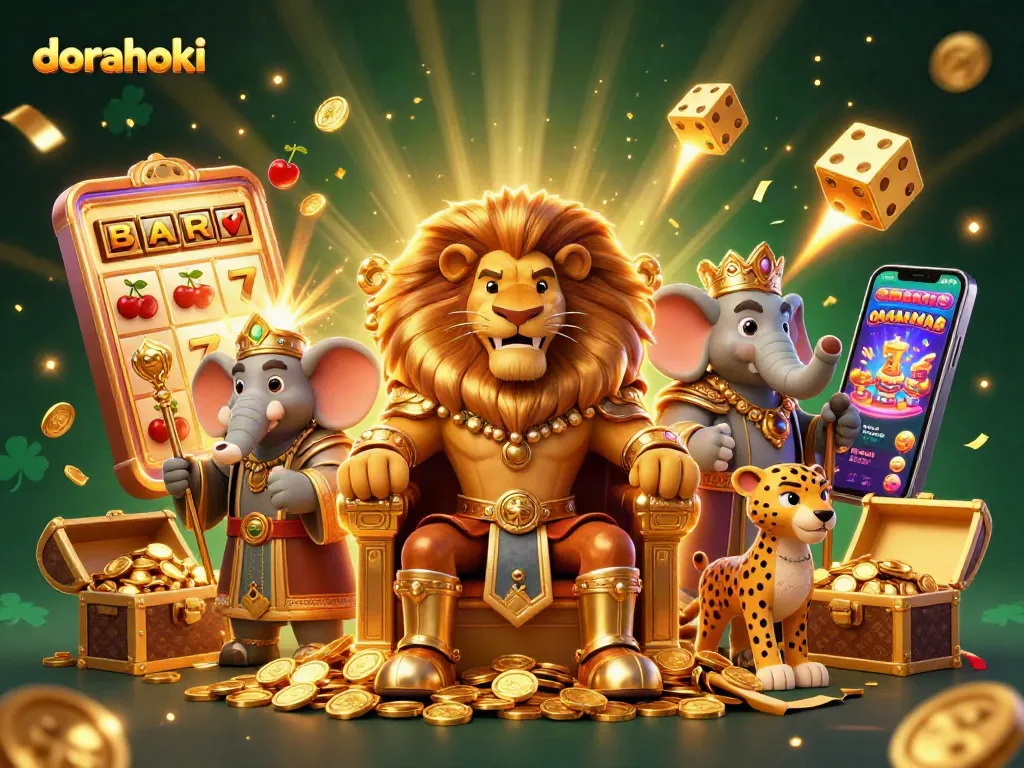 Menghadirkan dorahoki, singa raja megah, gajah wali, dan cheetah kurir dalam ilustrasi kasino yang penuh aksi.