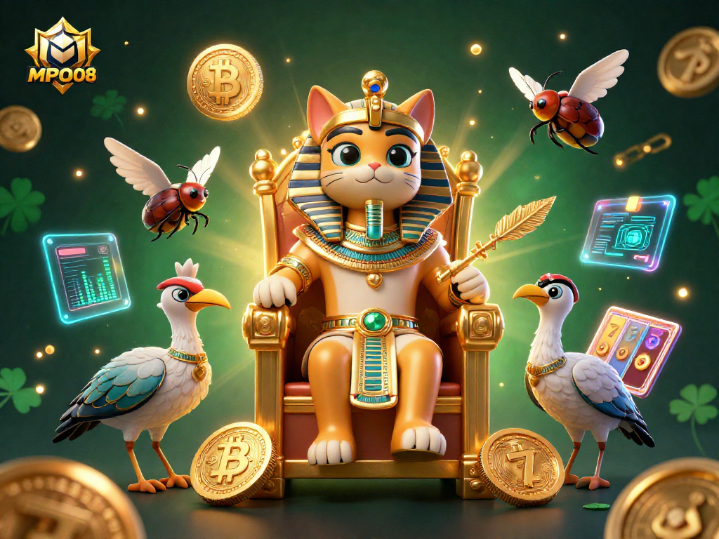 MPO08 showcases a dynamic casino scene featuring an Egyptian pharaoh cat, crypto elements and vibrant slot machines.