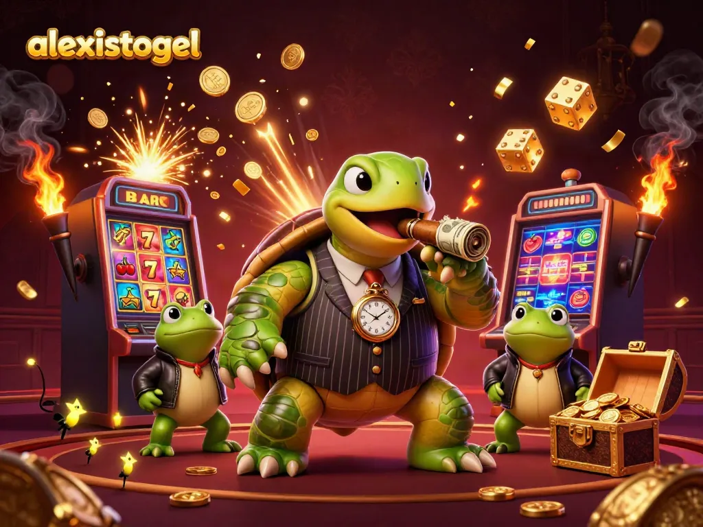 Alexistogel menawarkan pengalaman bermain togel online dengan simbol mesin slot di sekelilingnya.