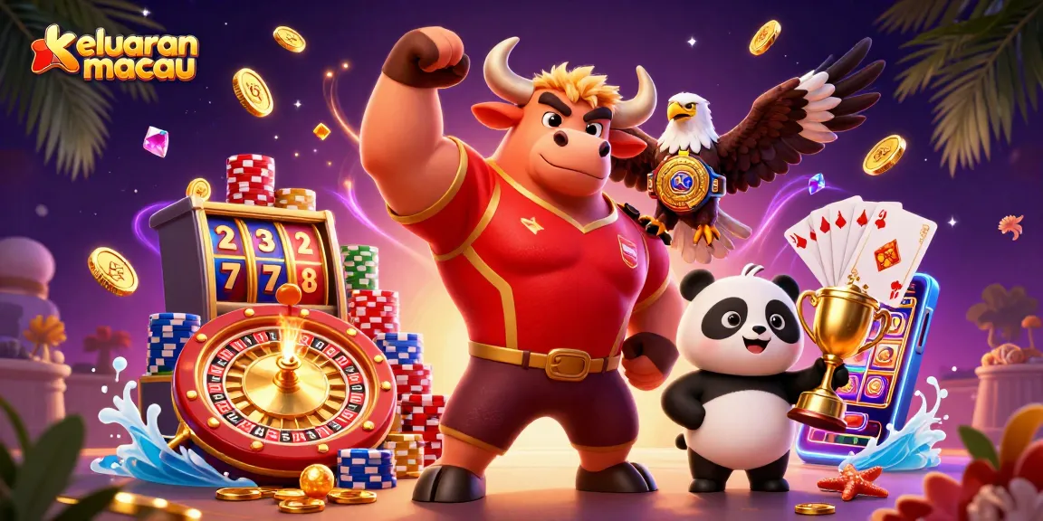 Keluaran macau menampilkan bulldozer kartun, elang, dan panda dengan grafis permainan kaya warna.