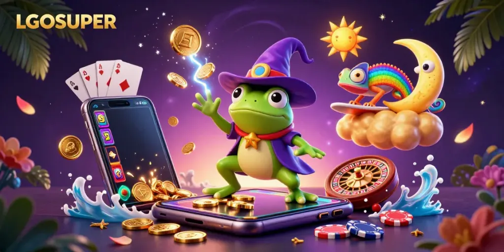 Experience excitement with LGOSUPER as the wizard frog conjures coins in a vibrant casino-themed scene.