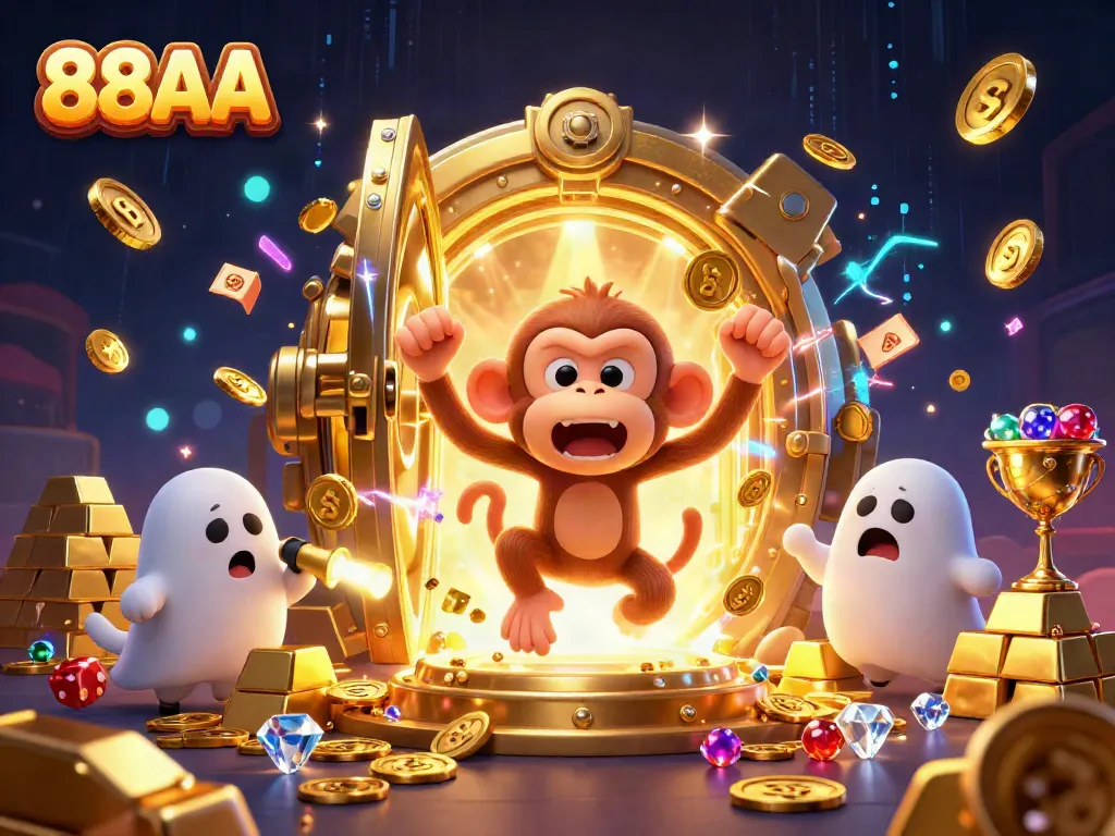 Experience thrilling gaming at 88AA, where playful poltergeist monkey juggles treasures in a vibrant casino scene.
