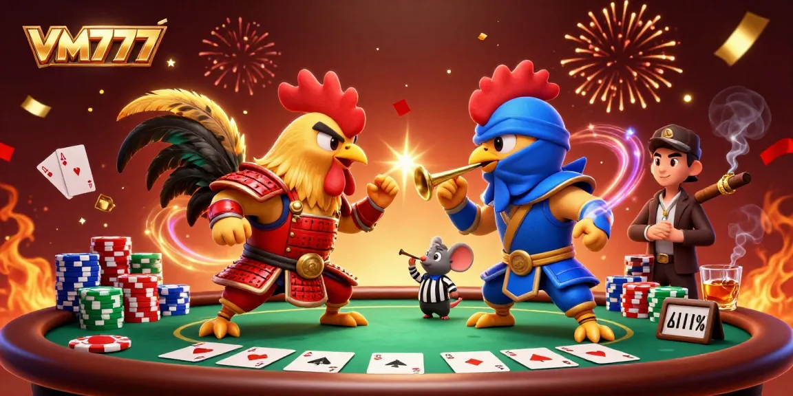 VM777 showcases thrilling action as cartoon roosters fight amidst vibrant casino elements.