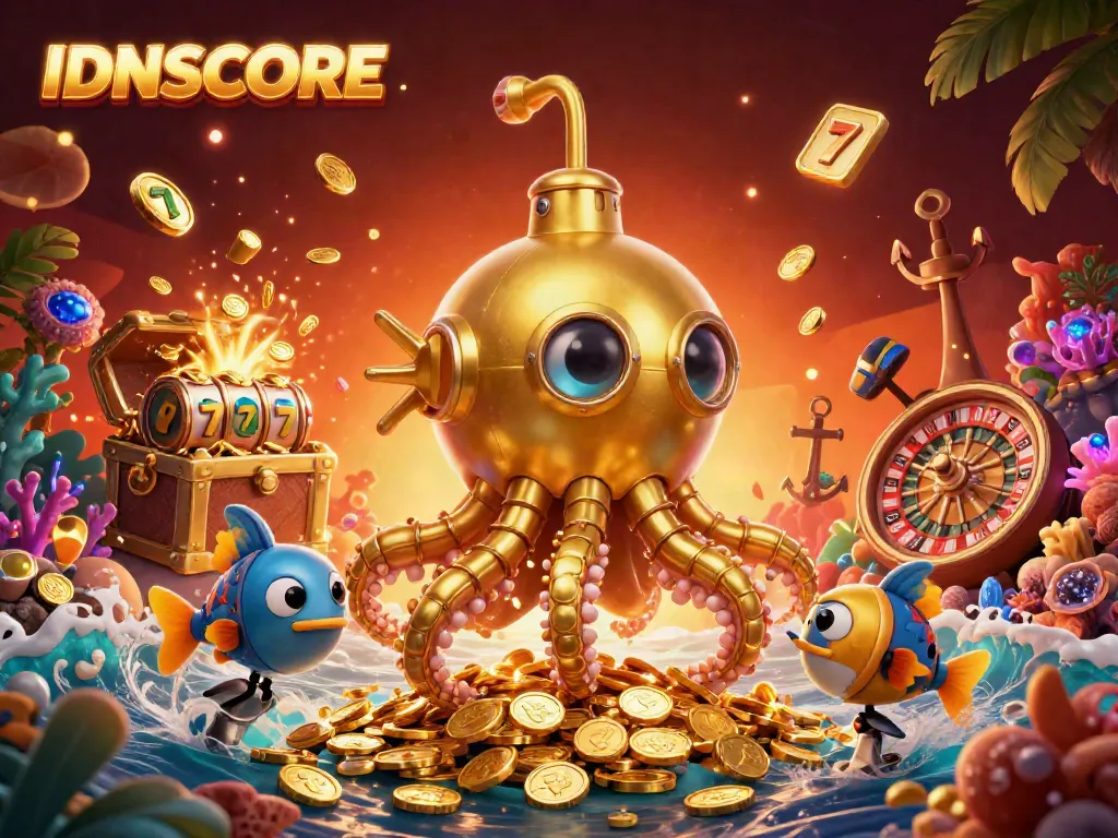 Experience thrilling gameplay with IDNSCORE, featuring a vibrant sea of golden coins, slot elements, and an adventurous kraken submarine.