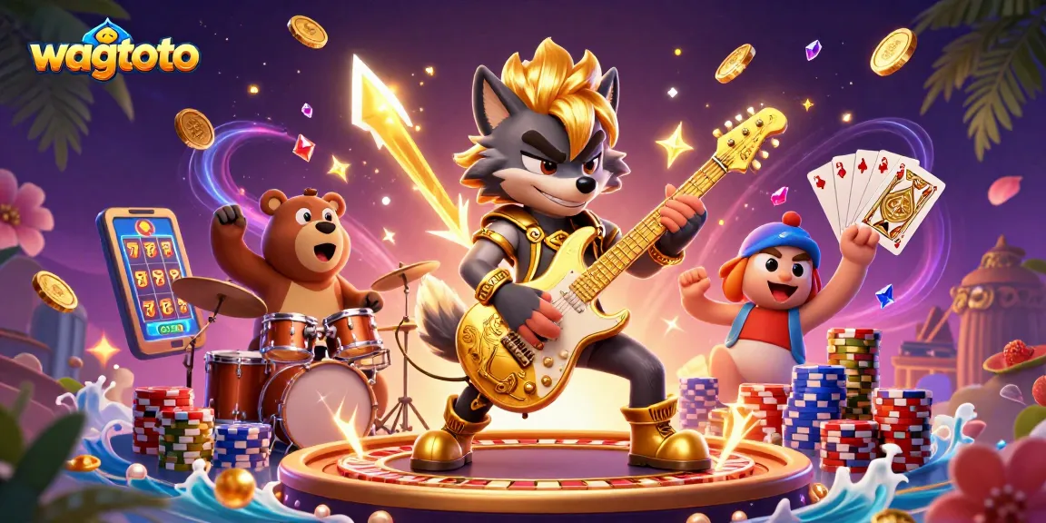 Experience the excitement of wagtoto with a lively casino scene featuring cartoon characters, golden coins, and vibrant game elements.
