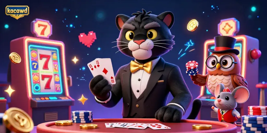 Kacawd menampilkan panther hitam bergaya di kasino yang berisi mesin slot dan koin berkilau.