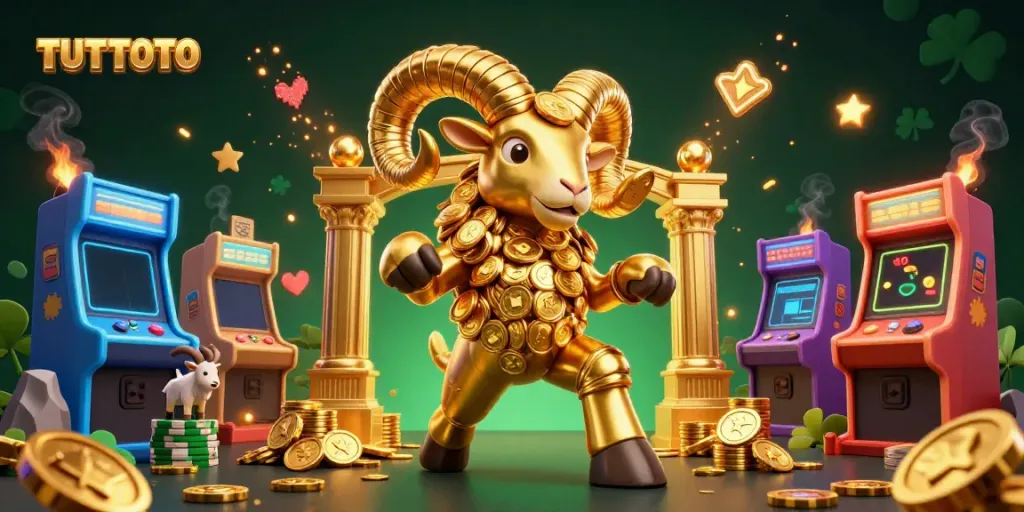 TUTITOTO displays excitement with a golden ram charging at a casino-themed game scene full of action.
