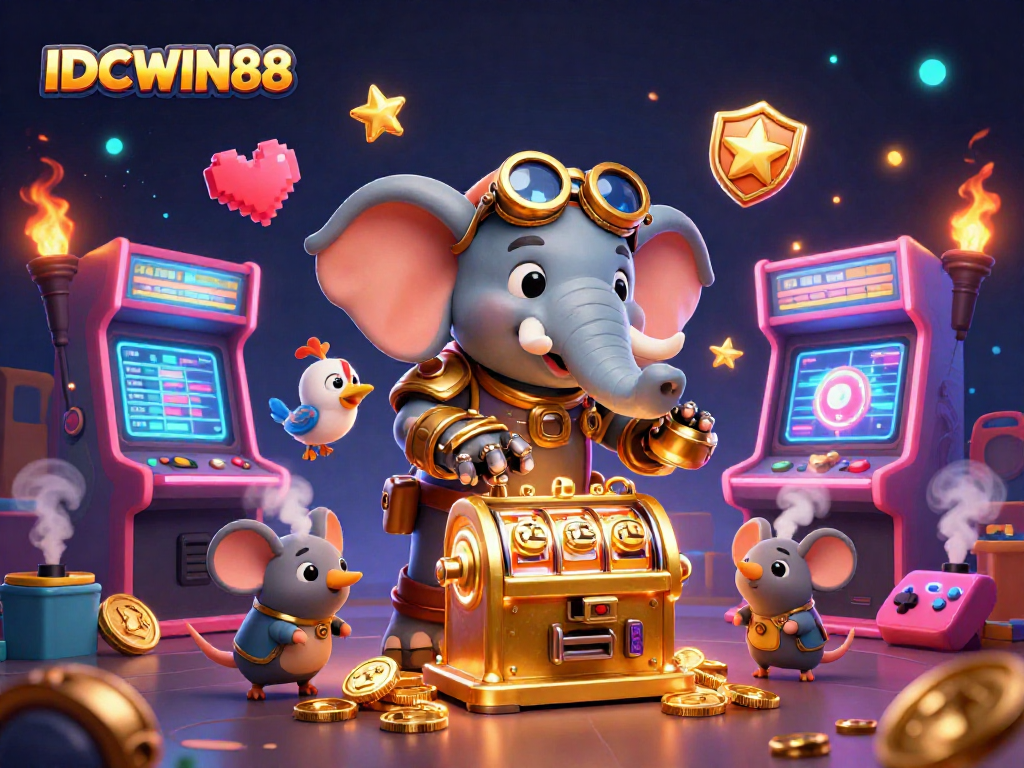Experience thrilling slots and games at IDCWIN88 with a steampunk elephant engineer and vibrant casino elements.