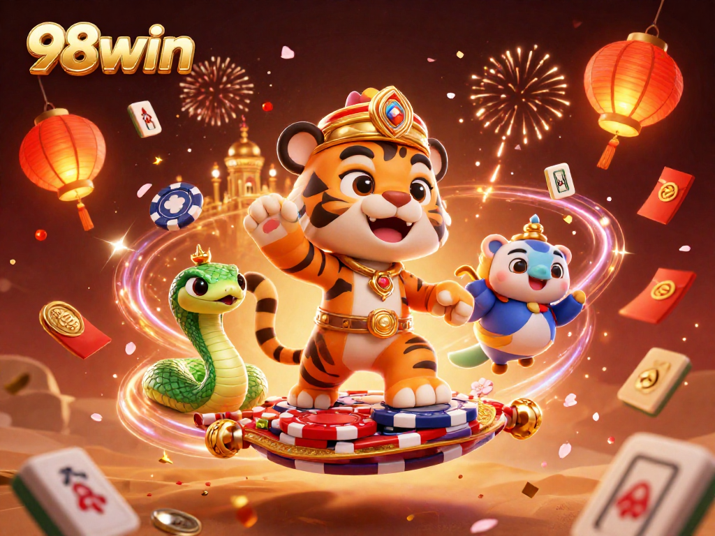Engage in thrilling gameplay with 98win, featuring a vibrant scene of a tiger sultan on a magic carpet.