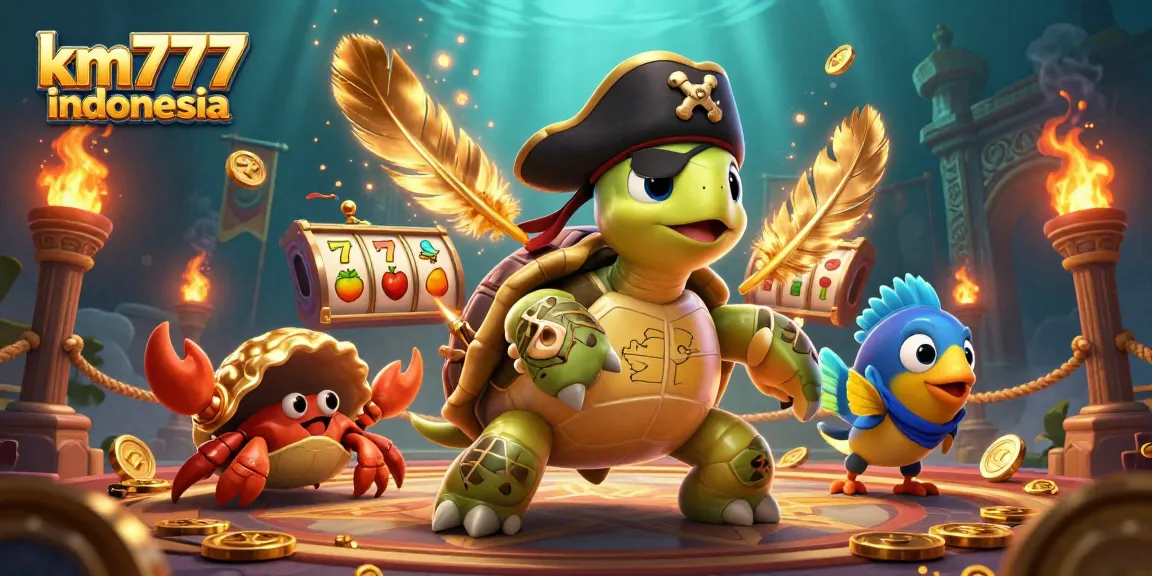 Experience thrilling slots action with km777 indonesia's cartoon pirate characters surrounded by colorful gaming elements.