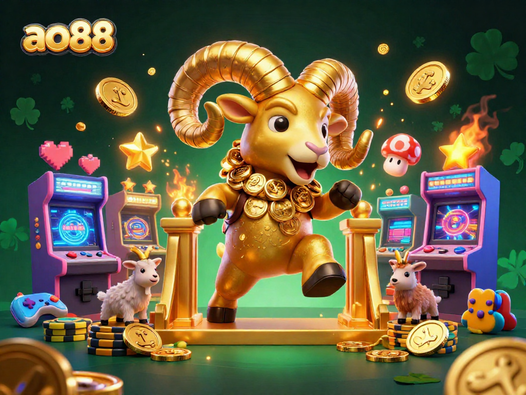 A dynamic scene showcasing ao88 with a golden ram charging through game elements and casino features.
