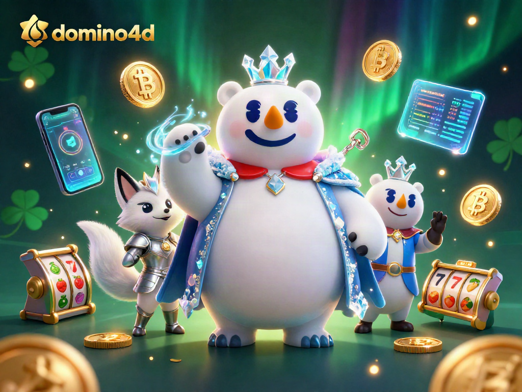Aksi menarik di domino4d dengan karakter kutub dan rubah bersenjatakan, dikelilingi simbol kasino.