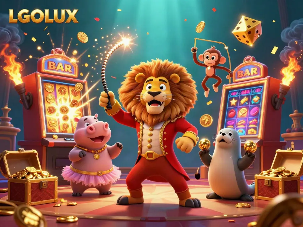 Experience LGOlux with a vibrant scene of gaming fun, featuring characters and casino elements.