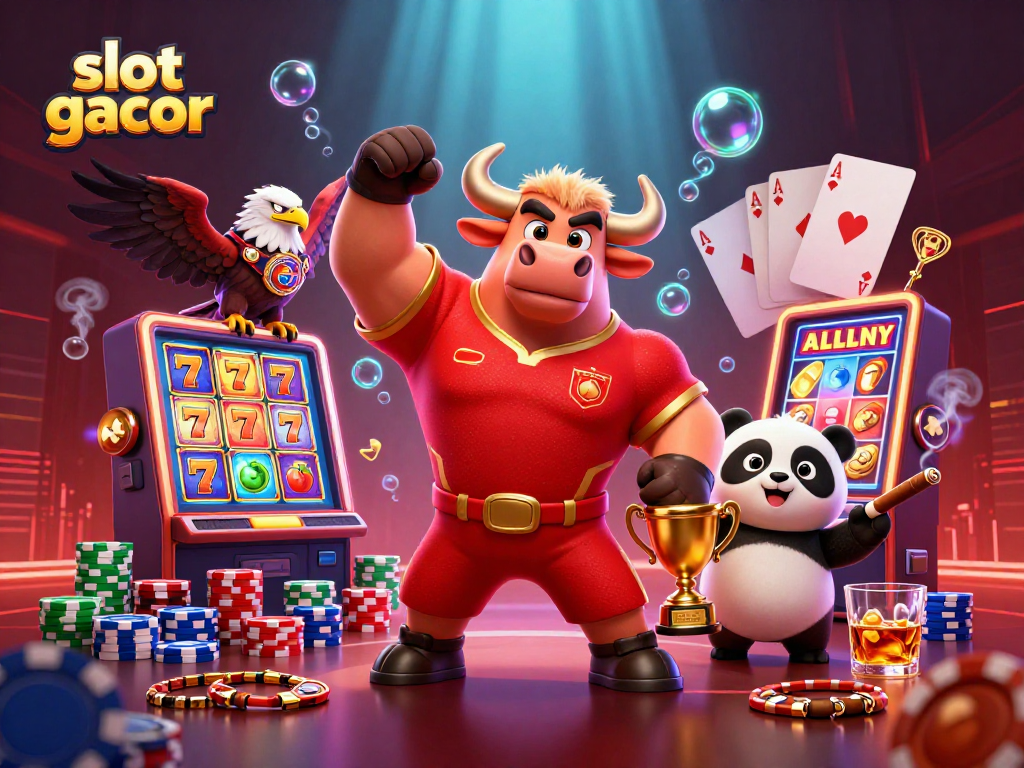 Experience the thrill of slot gacor with a vibrant 3D casino scene featuring a bull mascot and winning symbols.