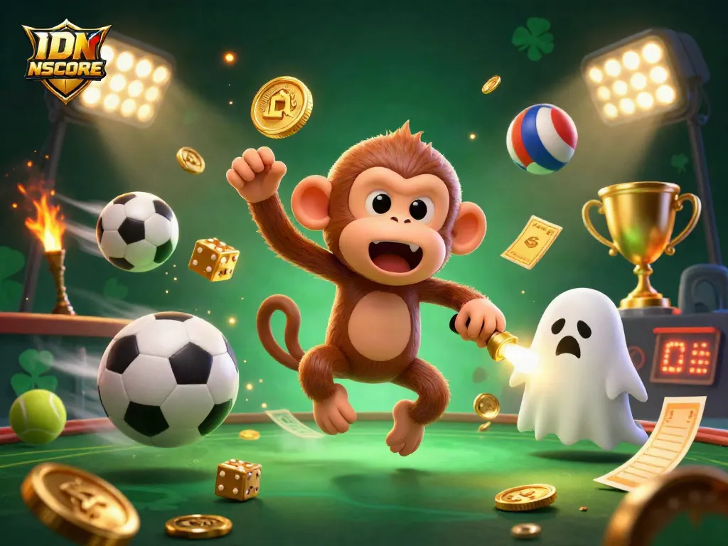 IDNSCORE offers an exciting scene with a playful poltergeist monkey juggling golden coins in a dynamic casino.